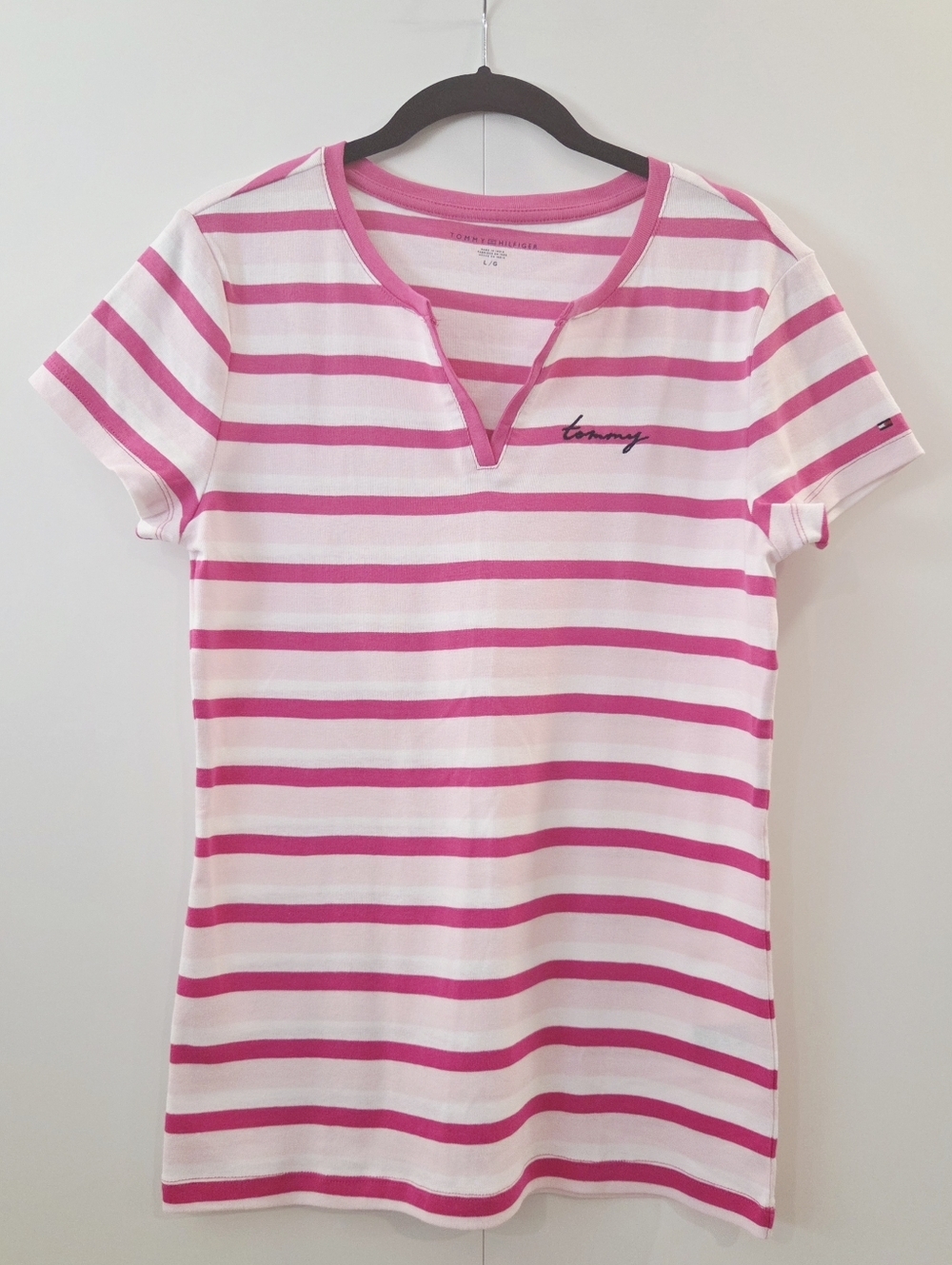Tommy Hilfiger Pink and White Striped 100% Cotton T-Shirt - size L